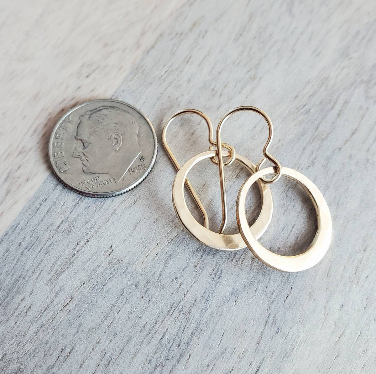 Hammered Gold Hoop Earrings, 14K Gold Filled Off-Center French Ear Wire, Handcrafted by E. Ria Designs, Gift Boxed, 5/8", Last Minute Gift