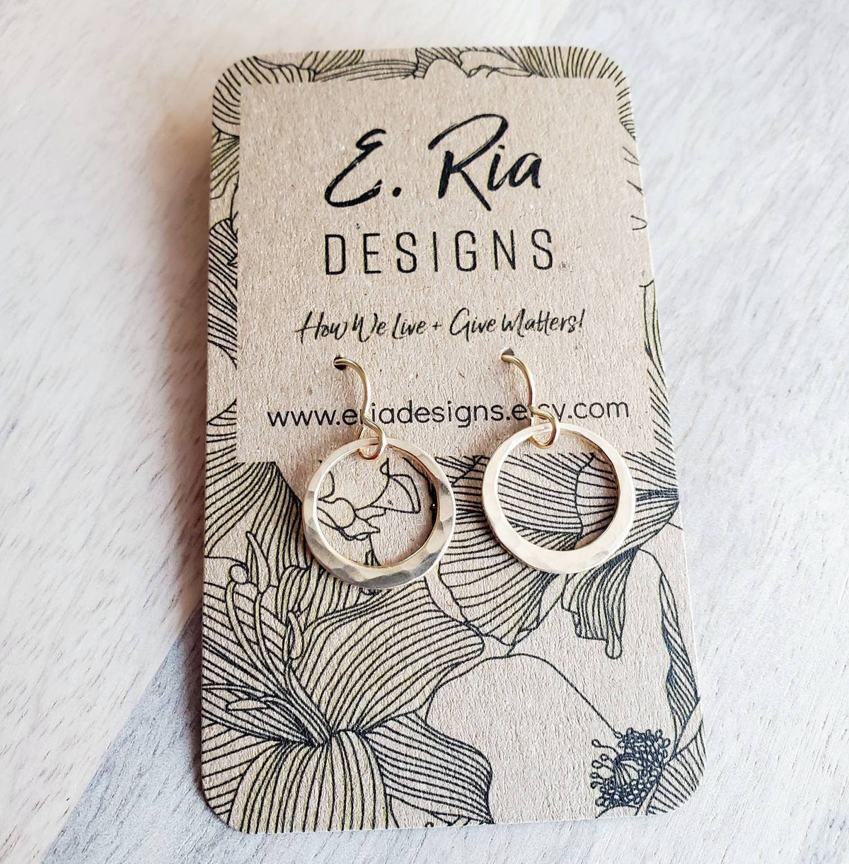 Hammered Gold Hoop Earrings, 14K Gold Filled Off-Center French Ear Wire, Handcrafted by E. Ria Designs, Gift Boxed, 5/8", Last Minute Gift