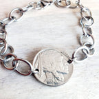 U.S. Early 1900's Buffalo Nickel Bracelet, Chunky Stainless Steel Oval Cable Chain, Lobster Claw, Bison, Indian Profile, Native American