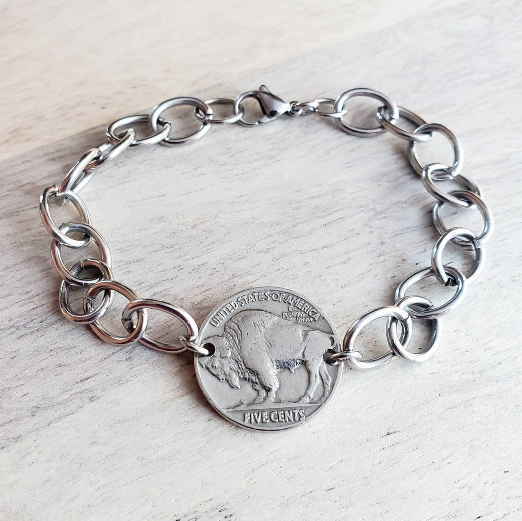 U.S. Early 1900's Buffalo Nickel Bracelet, Chunky Stainless Steel Oval Cable Chain, Lobster Claw, Bison, Indian Profile, Native American