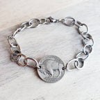 U.S. Early 1900's Buffalo Nickel Bracelet, Chunky Stainless Steel Oval Cable Chain, Lobster Claw, Bison, Indian Profile, Native American