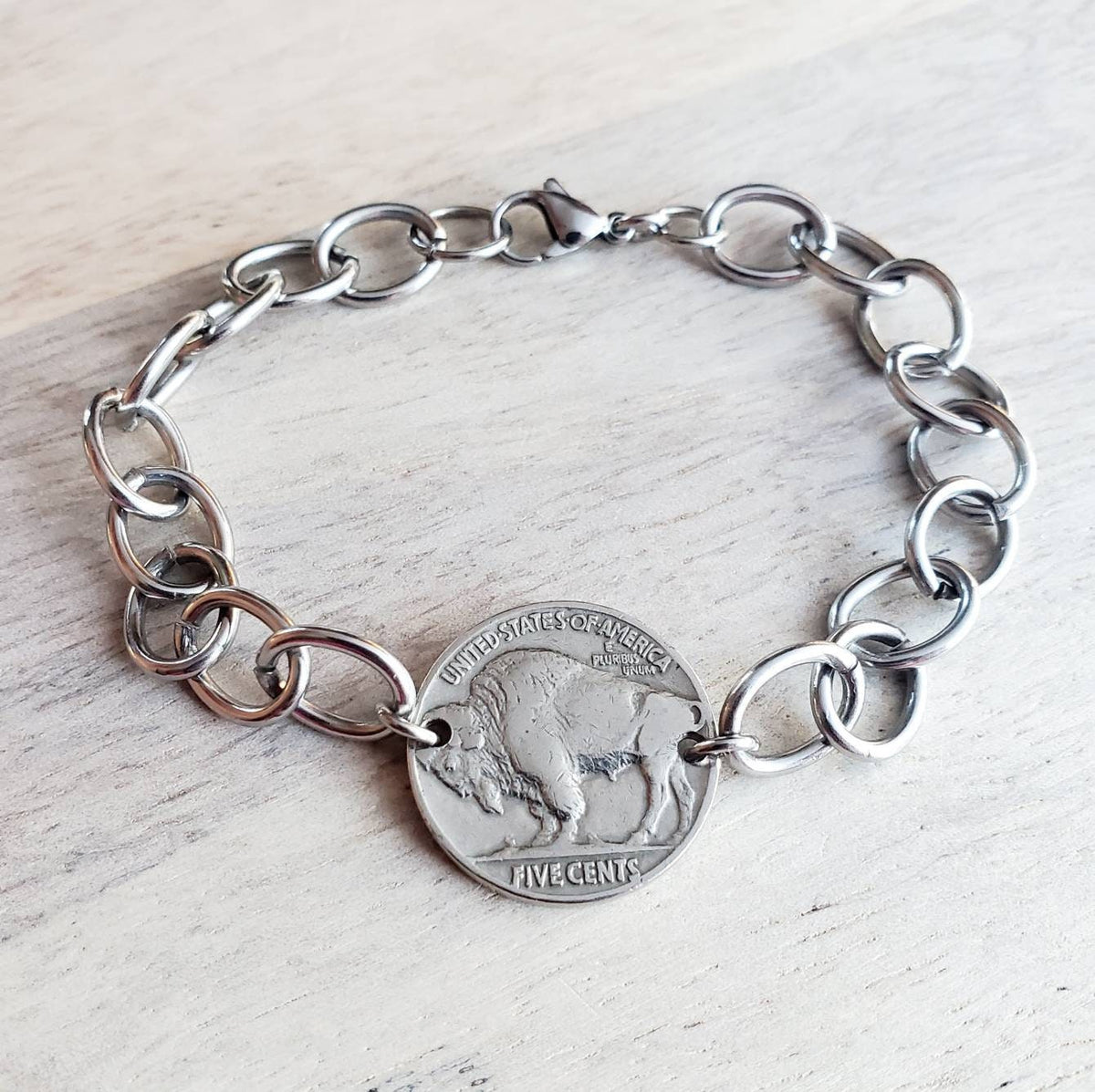 U.S. Early 1900's Buffalo Nickel Bracelet, Chunky Stainless Steel Oval Cable Chain, Lobster Claw, Bison, Indian Profile, Native American