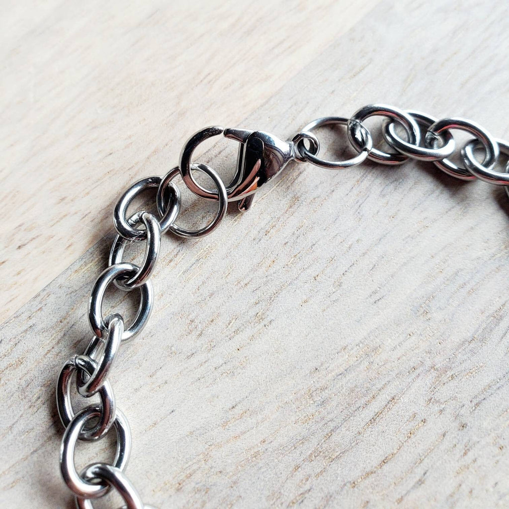 Chunky Silver Charm Bracelet, Stainless Steel Cable Links, Lobster Claw Clasp, Made in USA, Handcrafted by E. Ria Designs