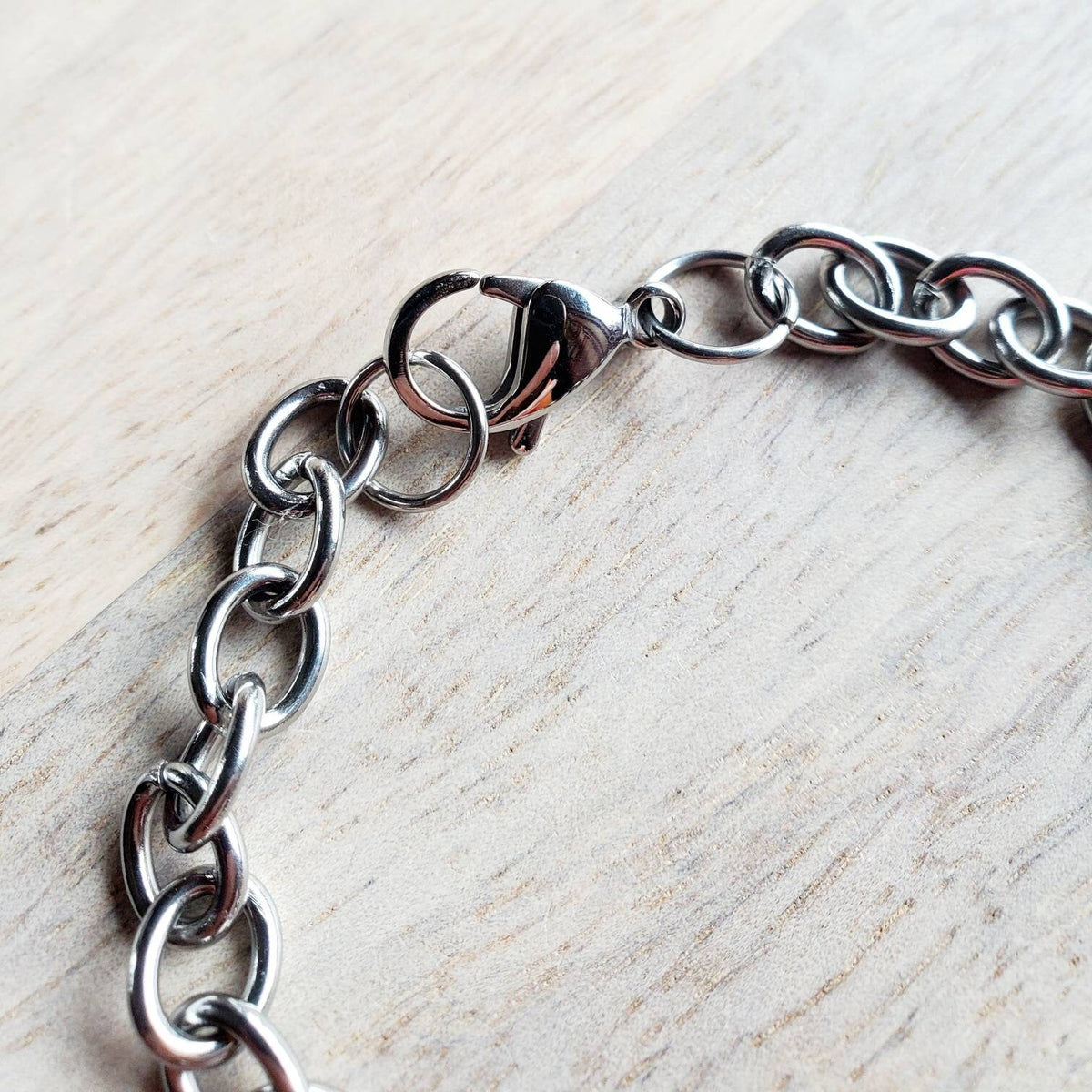 Chunky Silver Charm Bracelet, Stainless Steel Cable Links, Lobster Claw Clasp, Made in USA, Handcrafted by E. Ria Designs