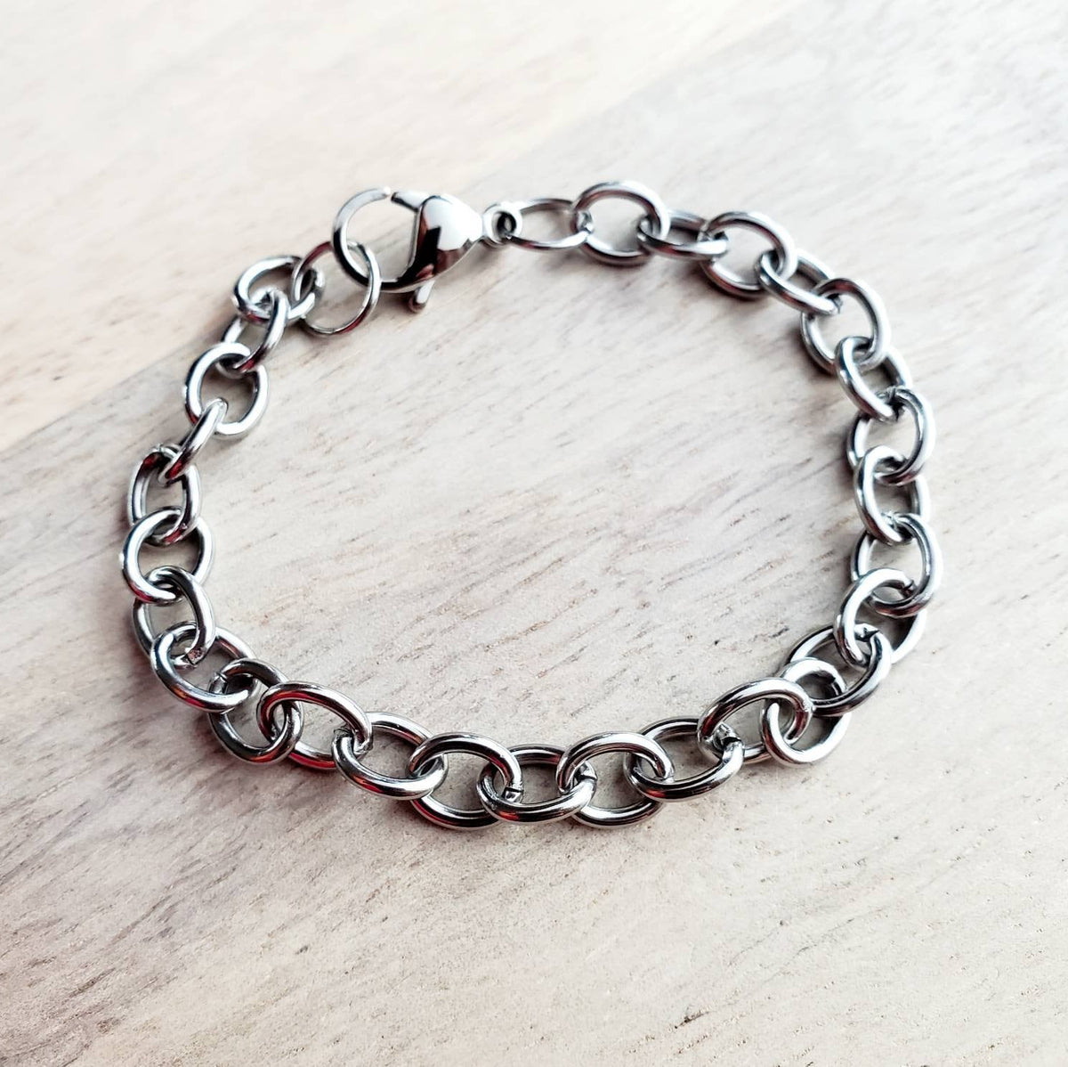 Chunky Silver Charm Bracelet, Stainless Steel Cable Links, Lobster Claw Clasp, Made in USA, Handcrafted by E. Ria Designs