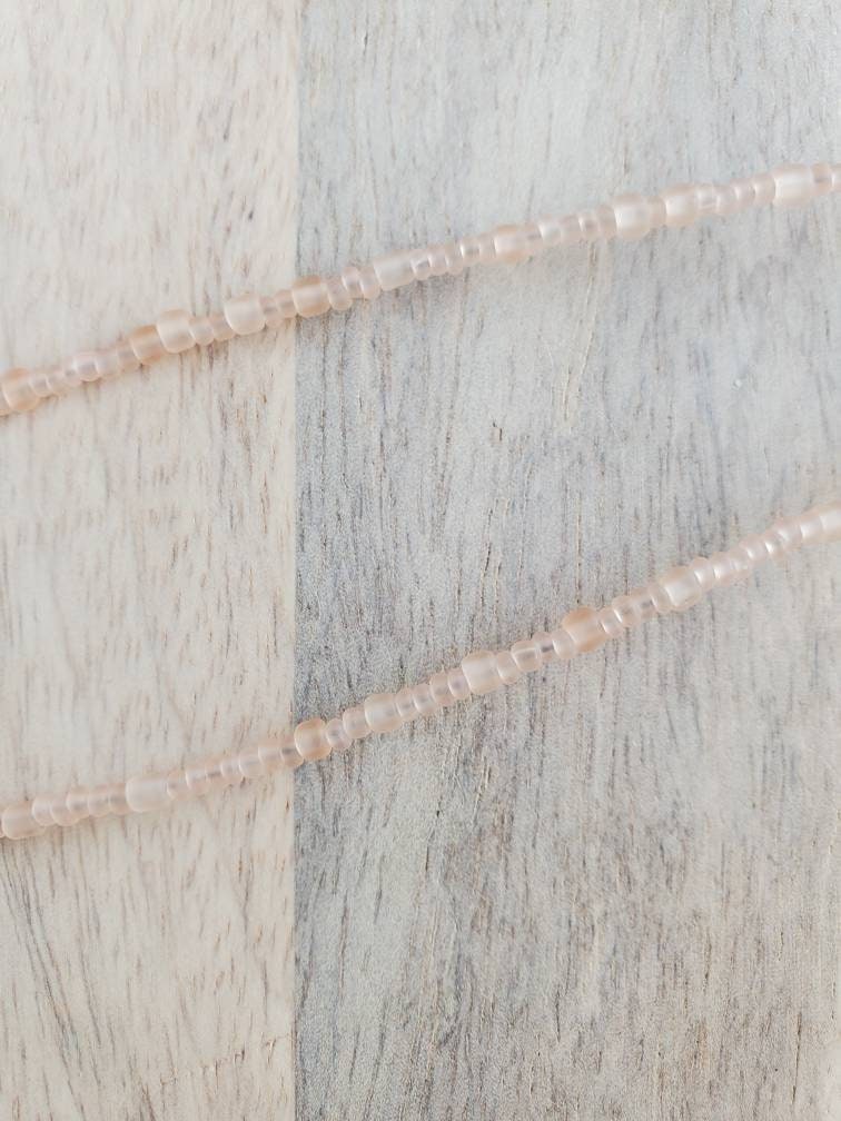 Long Frosted Light Dusty Pink Glass Beaded Necklace with Pewter Toggle Clasp, 36 Inches, Hand Beaded, Handcrafted by E. Ria Designs