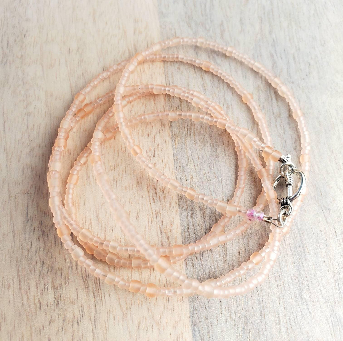 Long Frosted Light Dusty Pink Glass Beaded Necklace with Pewter Toggle Clasp, 36 Inches, Hand Beaded, Handcrafted by E. Ria Designs