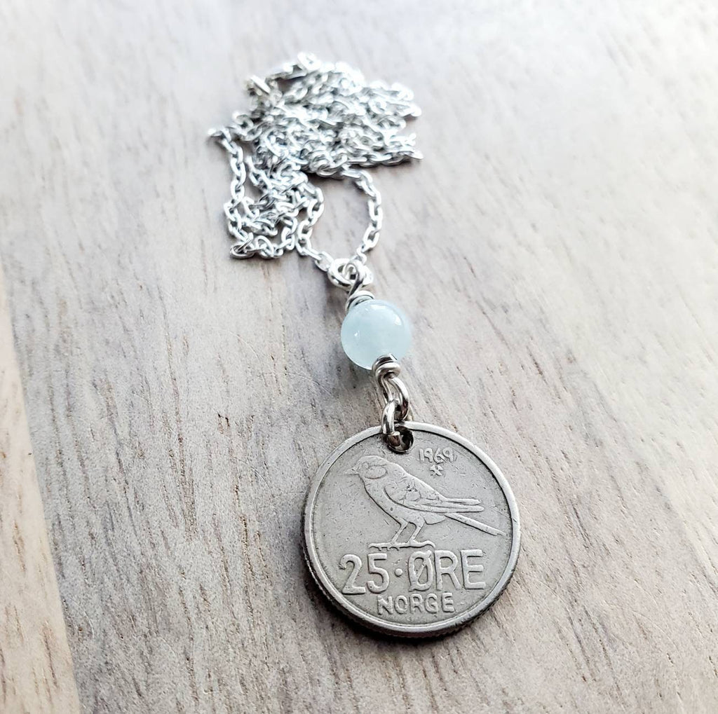 1969 Norway Bird Coin, 25 Ore Norge, Genuine Aquamarine Bead .925 Sterling Silver Chain, Norwegian Gift, Handcrafted Jewelry, E. Ria Designs
