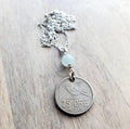 1969 Norway Bird Coin, 25 Ore Norge, Genuine Aquamarine Bead .925 Sterling Silver Chain, Norwegian Gift, Handcrafted Jewelry, E. Ria Designs