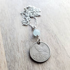 1969 Norway Bird Coin, 25 Ore Norge, Genuine Aquamarine Bead .925 Sterling Silver Chain, Norwegian Gift, Handcrafted Jewelry, E. Ria Designs
