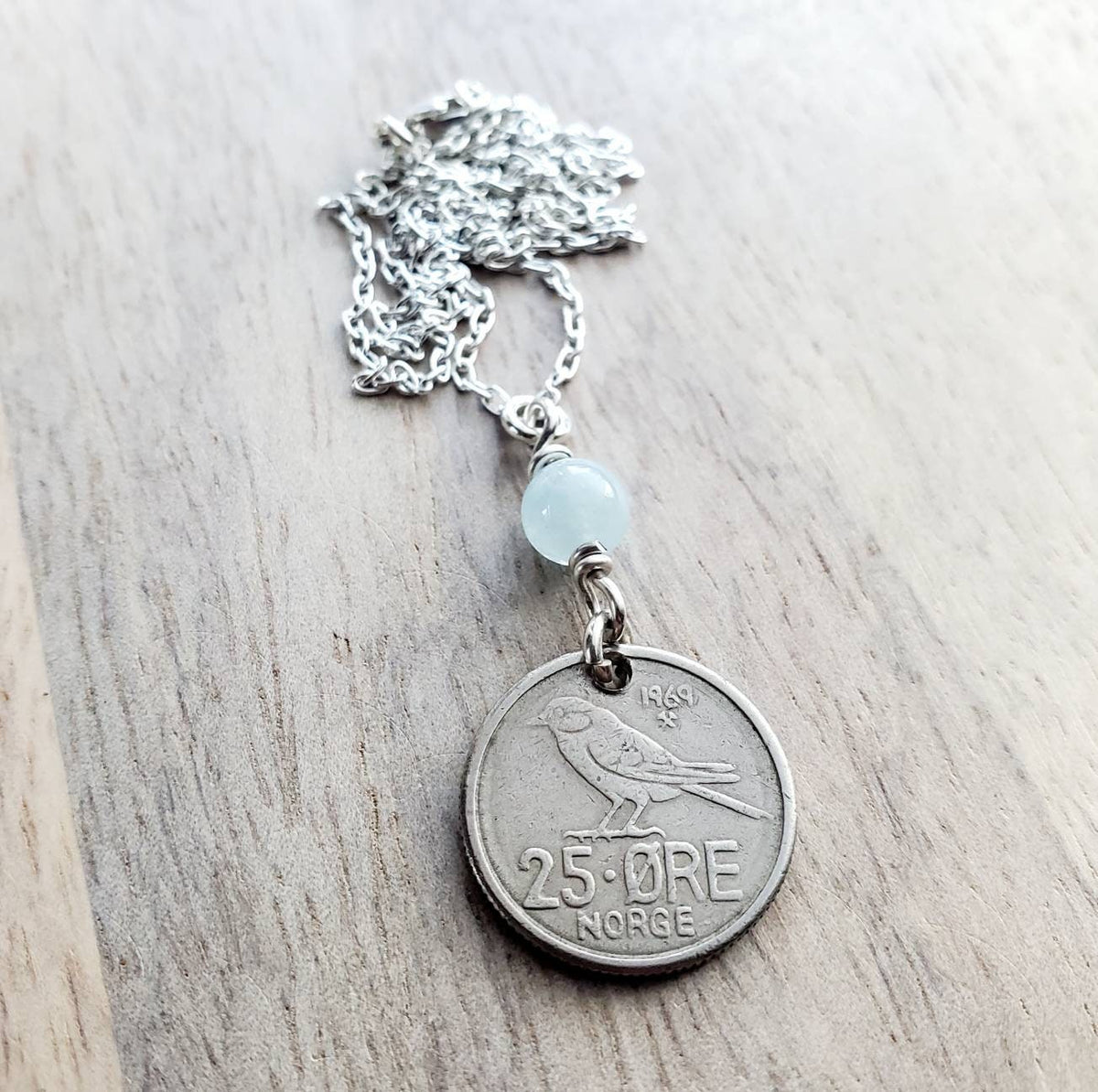 1969 Norway Bird Coin, 25 Ore Norge, Genuine Aquamarine Bead .925 Sterling Silver Chain, Norwegian Gift, Handcrafted Jewelry, E. Ria Designs
