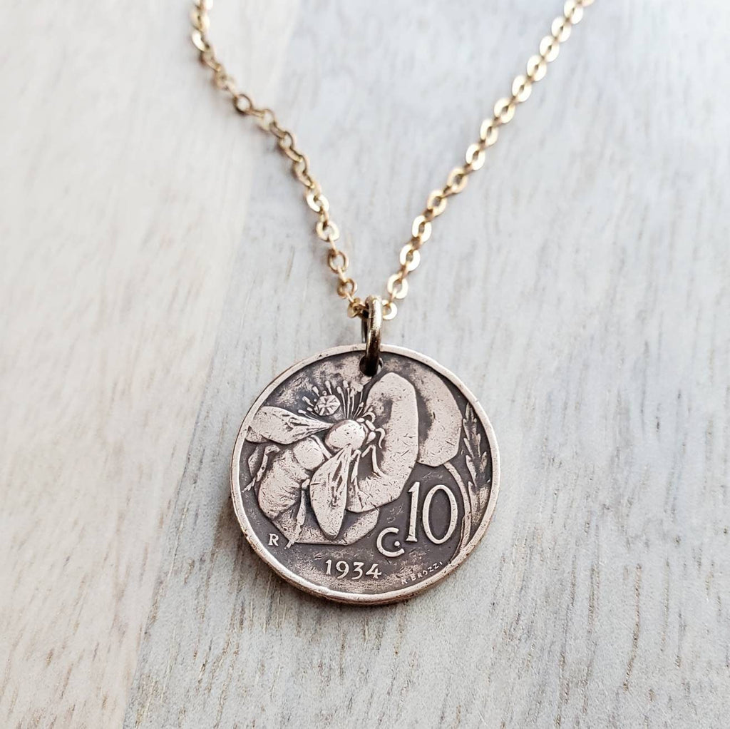 Italian Honeybee Flower Coin Necklace, Early 1900's Italy Honey Bee 10 Copper Coin Charm, Handmade Jewelry by E. Ria Designs
