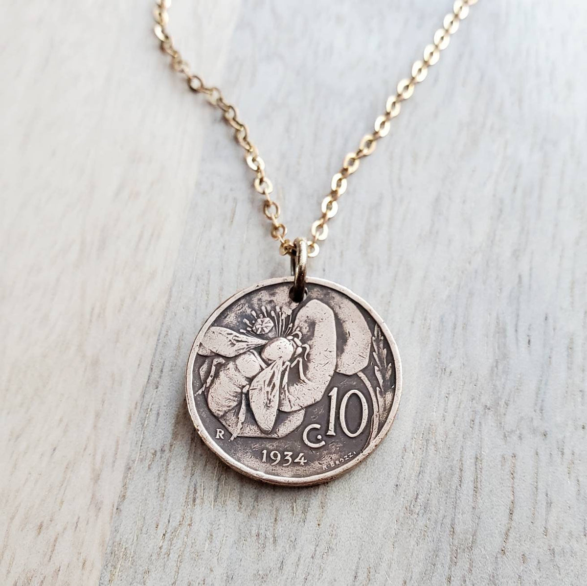Italian Honeybee Flower Coin Necklace, Early 1900's Italy Honey Bee 10 Copper Coin Charm, Handmade Jewelry by E. Ria Designs