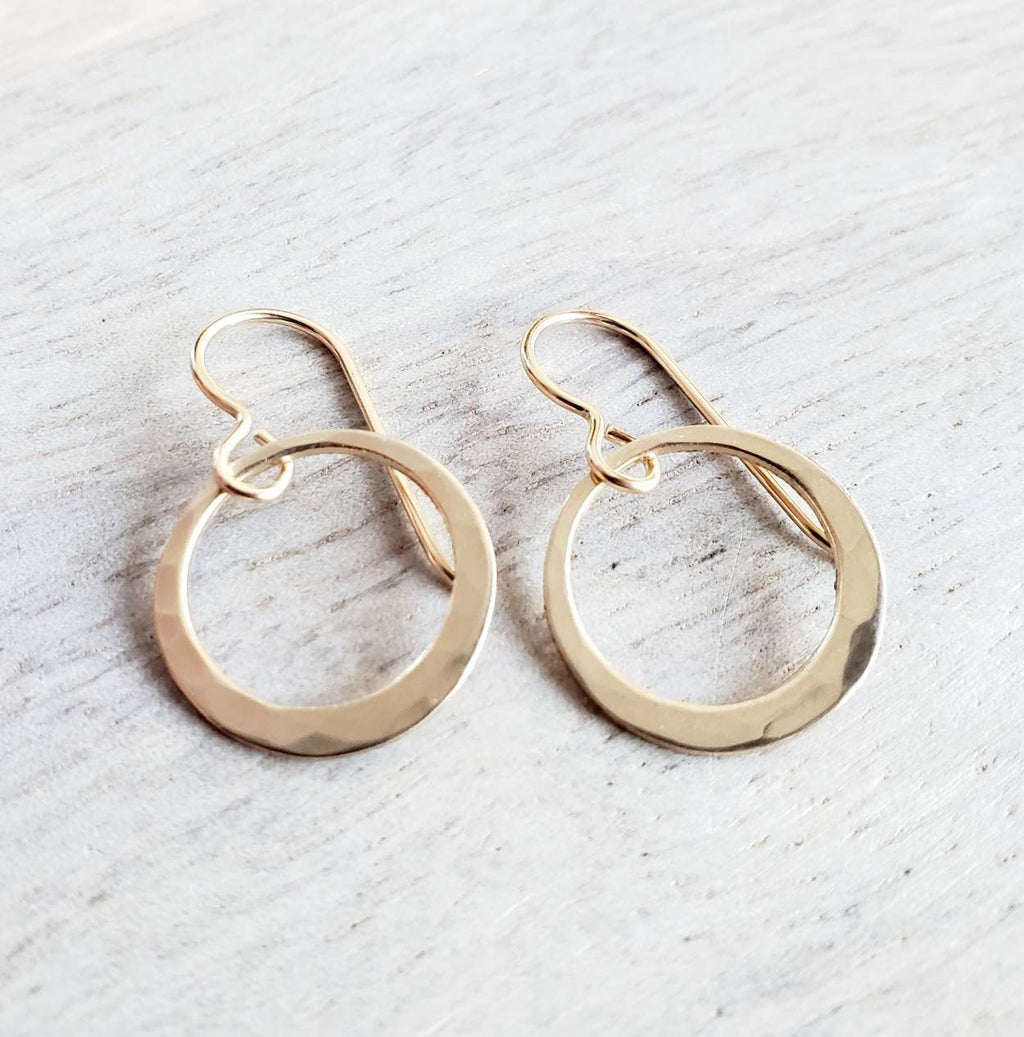 Hammered Gold Hoop Earrings, 14K Gold Filled Off-Center French Ear Wire, Handcrafted by E. Ria Designs, Gift Boxed, 5/8", Last Minute Gift