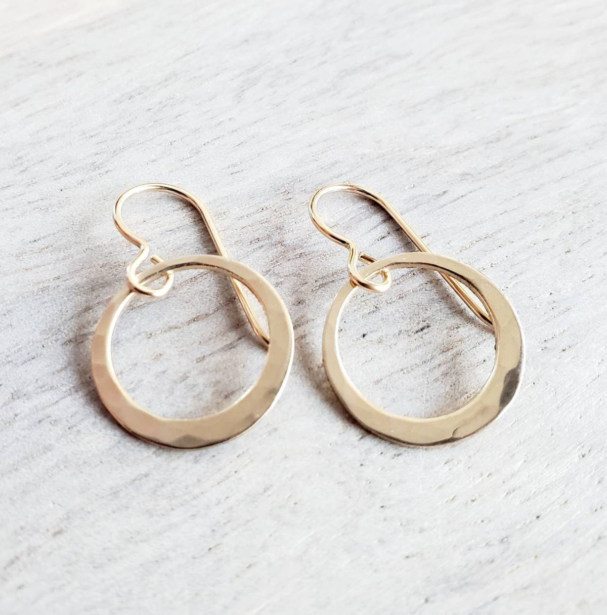 Hammered Gold Hoop Earrings, 14K Gold Filled Off-Center French Ear Wire, Handcrafted by E. Ria Designs, Gift Boxed, 5/8", Last Minute Gift