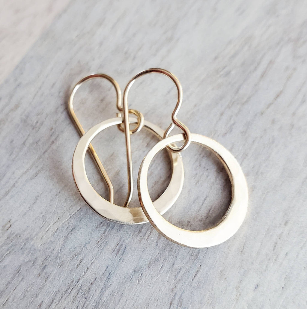 Hammered Gold Hoop Earrings, 14K Gold Filled Off-Center French Ear Wire, Handcrafted by E. Ria Designs, Gift Boxed, 5/8", Last Minute Gift