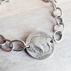 U.S. Early 1900's Buffalo Nickel Bracelet, Chunky Stainless Steel Oval Cable Chain, Lobster Claw, Bison, Indian Profile, Native American