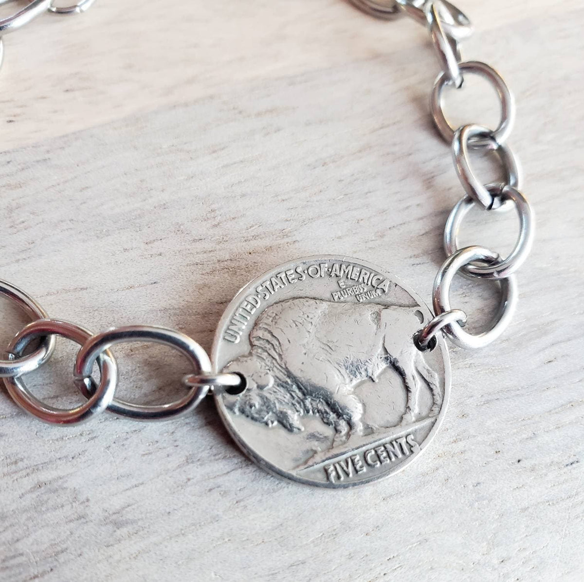 U.S. Early 1900's Buffalo Nickel Bracelet, Chunky Stainless Steel Oval Cable Chain, Lobster Claw, Bison, Indian Profile, Native American