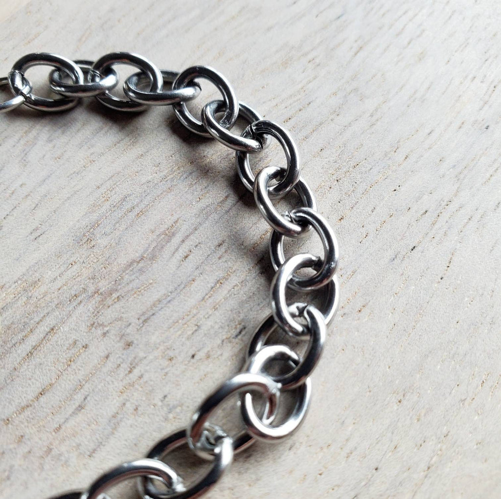 Chunky Silver Charm Bracelet, Stainless Steel Cable Links, Lobster Claw Clasp, Made in USA, Handcrafted by E. Ria Designs