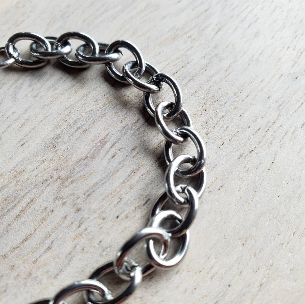 Chunky Silver Charm Bracelet, Stainless Steel Cable Links, Lobster Claw Clasp, Made in USA, Handcrafted by E. Ria Designs