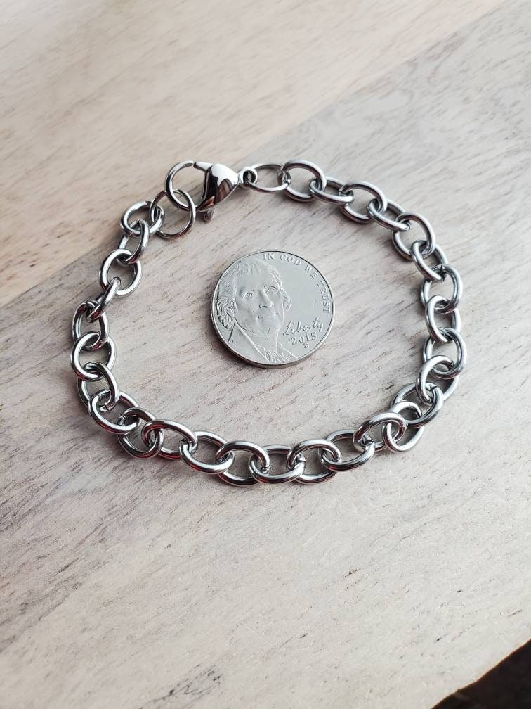 Chunky Silver Charm Bracelet, Stainless Steel Cable Links, Lobster Claw Clasp, Made in USA, Handcrafted by E. Ria Designs
