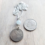 1969 Norway Bird Coin, 25 Ore Norge, Genuine Aquamarine Bead .925 Sterling Silver Chain, Norwegian Gift, Handcrafted Jewelry, E. Ria Designs