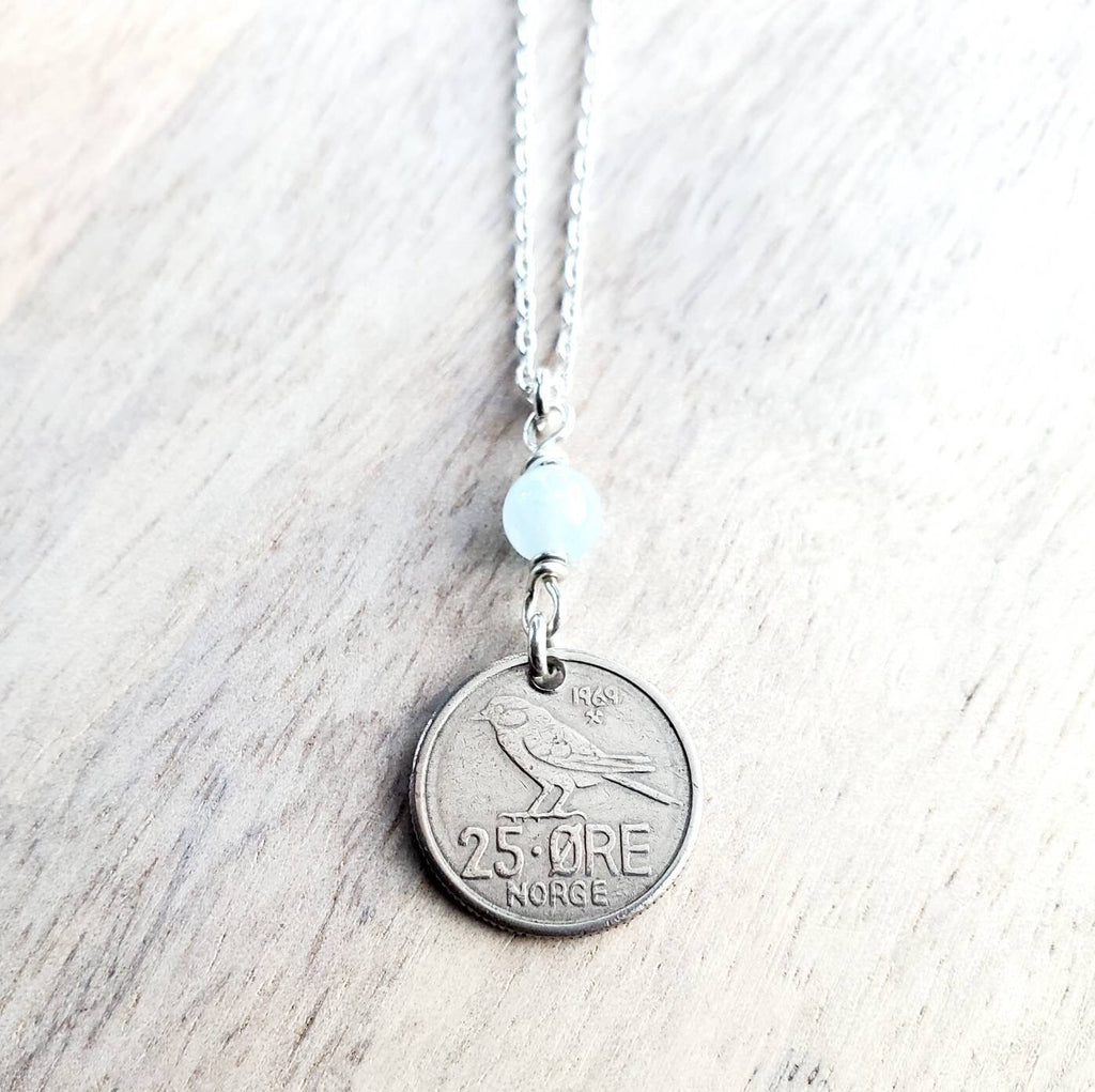 1969 Norway Bird Coin, 25 Ore Norge, Genuine Aquamarine Bead .925 Sterling Silver Chain, Norwegian Gift, Handcrafted Jewelry, E. Ria Designs