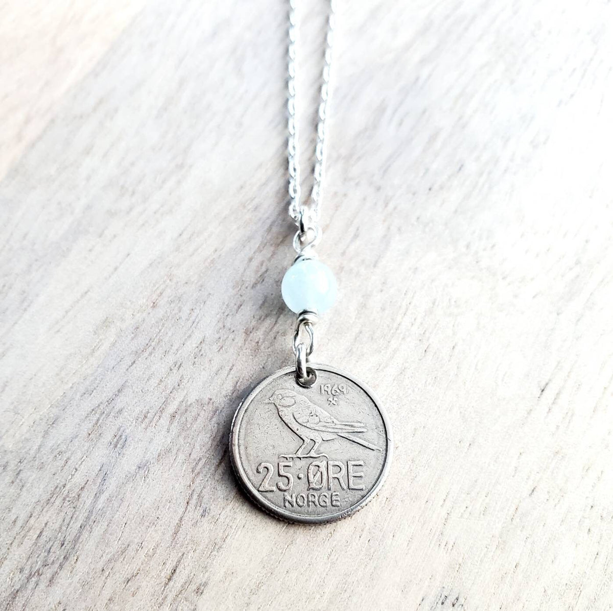 1969 Norway Bird Coin, 25 Ore Norge, Genuine Aquamarine Bead .925 Sterling Silver Chain, Norwegian Gift, Handcrafted Jewelry, E. Ria Designs