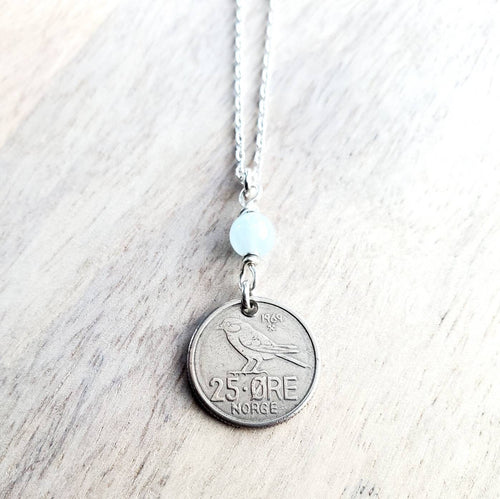 1969 Norway Bird Coin, 25 Ore Norge, Genuine Aquamarine Bead .925 Sterling Silver Chain, Norwegian Gift, Handcrafted Jewelry, E. Ria Designs