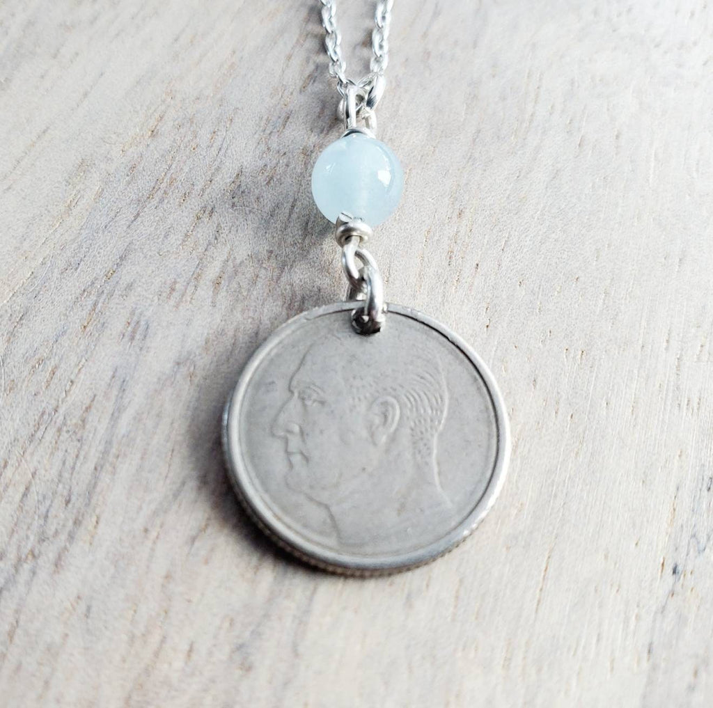 1969 Norway Bird Coin, 25 Ore Norge, Genuine Aquamarine Bead .925 Sterling Silver Chain, Norwegian Gift, Handcrafted Jewelry, E. Ria Designs