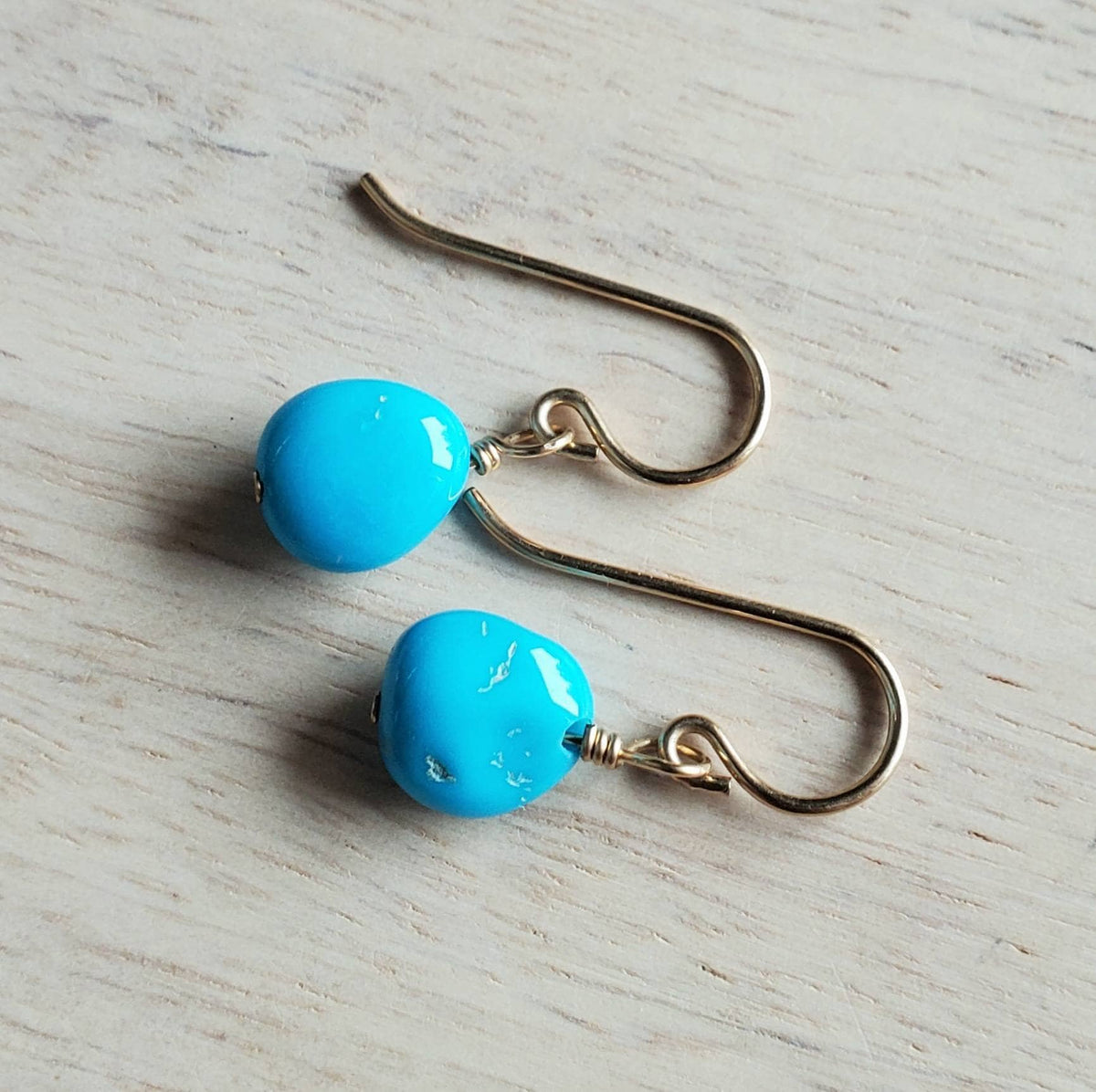 14K Gold Filled & Genuine Sleeping Beauty US Mined Turquoise Gemstone Earrings, Aqua Blue Gold Jewelry Handcrafted in USA by E. Ria Designs