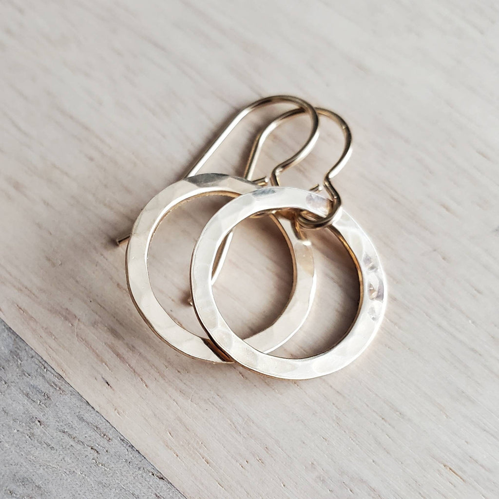 Hammered Gold Hoop Earrings, 14K Gold Filled Washer French Ear Wire, Handcrafted by E. Ria Designs, Gift Boxed, 5/8" (16 mm), Made in USA