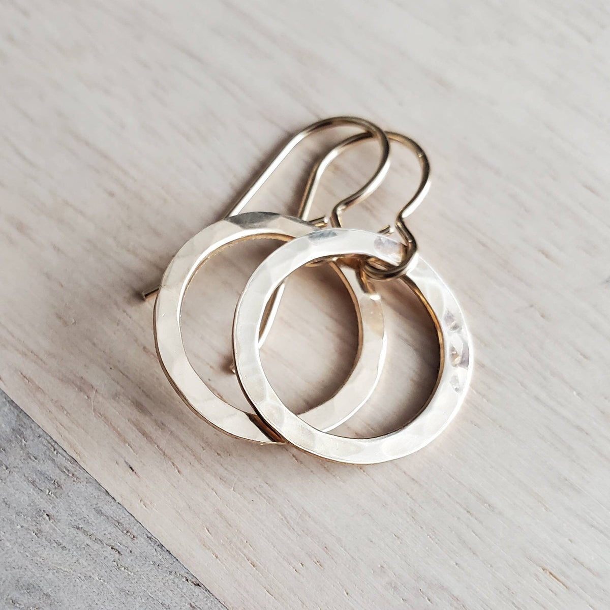 Hammered Gold Hoop Earrings, 14K Gold Filled Washer French Ear Wire, Handcrafted by E. Ria Designs, Gift Boxed, 5/8" (16 mm), Made in USA