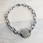 Seattle Bracelet, Vintage Transit Token, Evergreens Mountain Scene, Old Silver Coin, Stainless Steel Cable Chain, Crafted in USA Eriadesigns