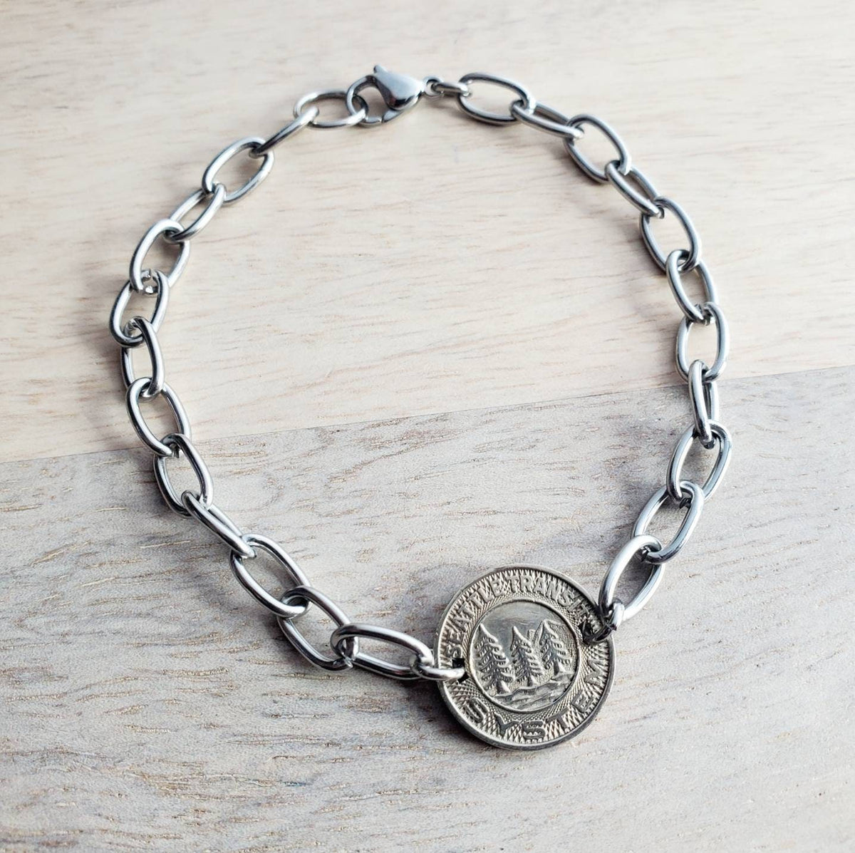 Seattle Bracelet, Vintage Transit Token, Evergreens Mountain Scene, Old Silver Coin, Stainless Steel Cable Chain, Crafted in USA Eriadesigns