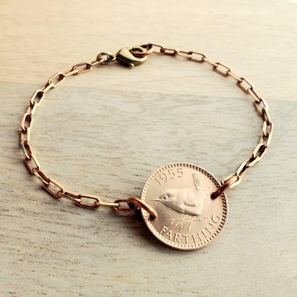Vintage Bird Coin Bracelet, British Farthing, Mid-Century Date, Brass Cable Chain, Queen Elizabeth II, Birthday Gift Handcrafted Eriadesigns