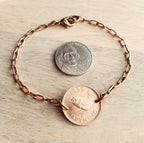 Vintage Bird Coin Bracelet, British Farthing, Mid-Century Date, Brass Cable Chain, Queen Elizabeth II, Birthday Gift Handcrafted Eriadesigns