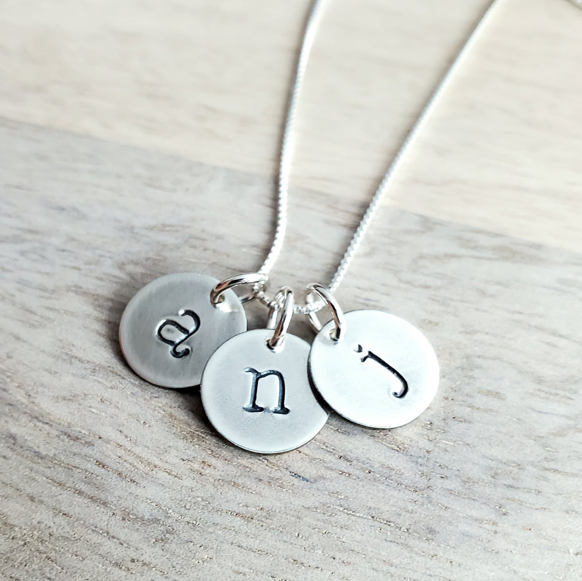 Three Letter Charm Necklace, Vintage Style Antiqued Initial Charms, Sterling Silver Personalized Jewelry, Hand Stamped Pendant E. Ria Design