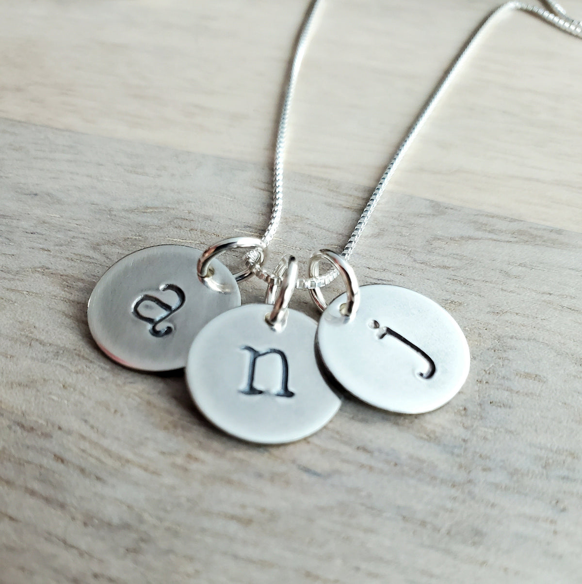 Three Letter Charm Necklace, Vintage Style Antiqued Initial Charms, Sterling Silver Personalized Jewelry, Hand Stamped Pendant E. Ria Design