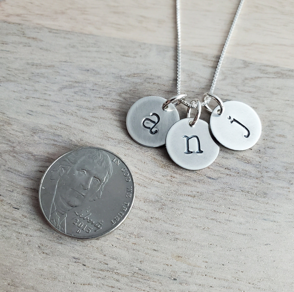 Three Letter Charm Necklace, Vintage Style Antiqued Initial Charms, Sterling Silver Personalized Jewelry, Hand Stamped Pendant E. Ria Design