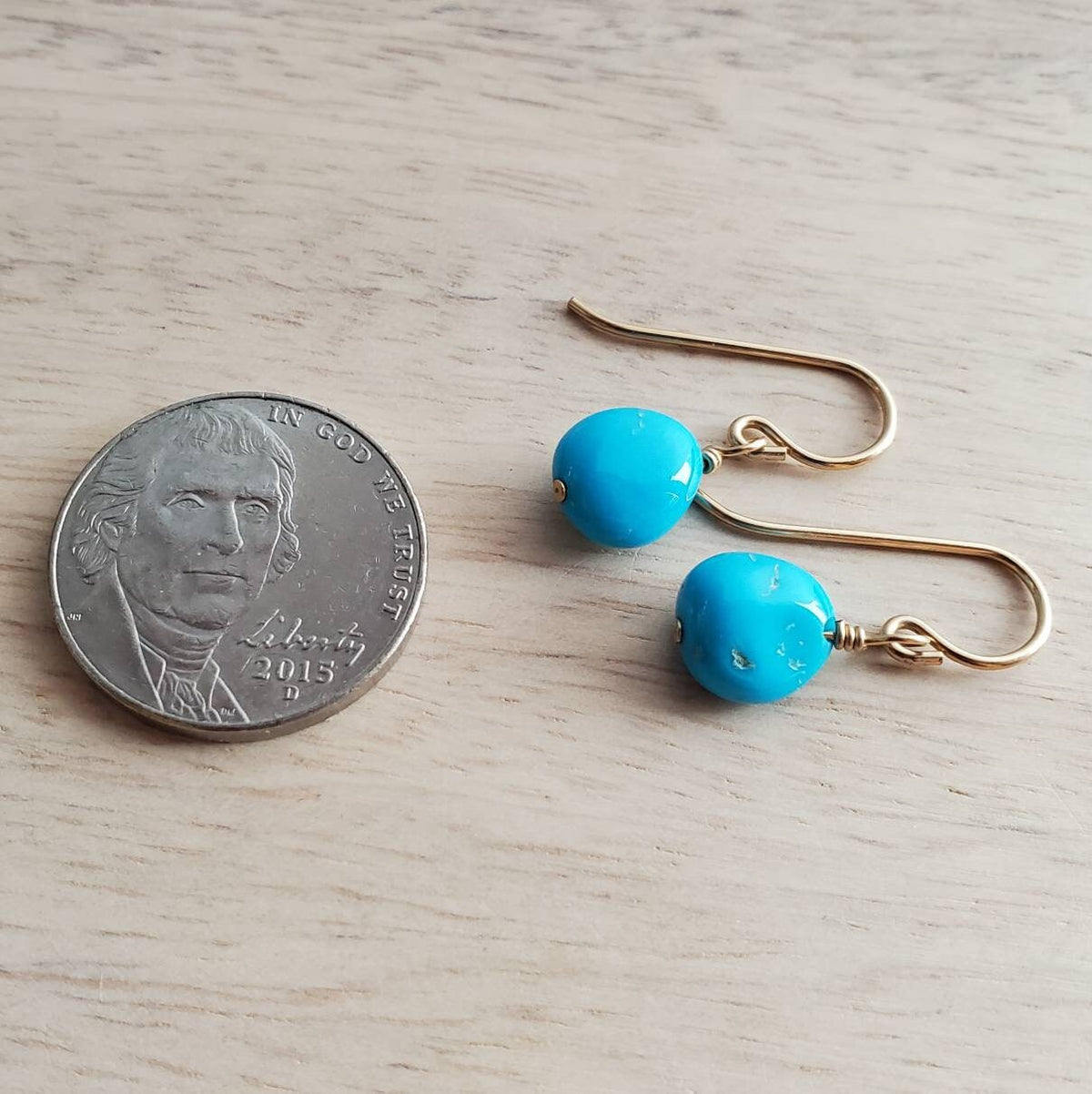 14K Gold Filled & Genuine Sleeping Beauty US Mined Turquoise Gemstone Earrings, Aqua Blue Gold Jewelry Handcrafted in USA by E. Ria Designs