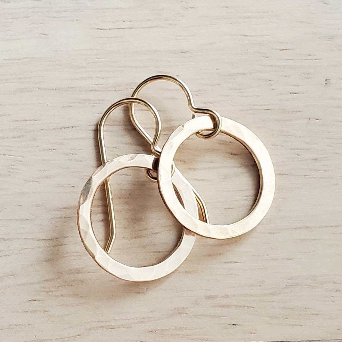 Hammered Gold Hoop Earrings, 14K Gold Filled Washer French Ear Wire, Handcrafted by E. Ria Designs, Gift Boxed, 5/8" (16 mm), Made in USA