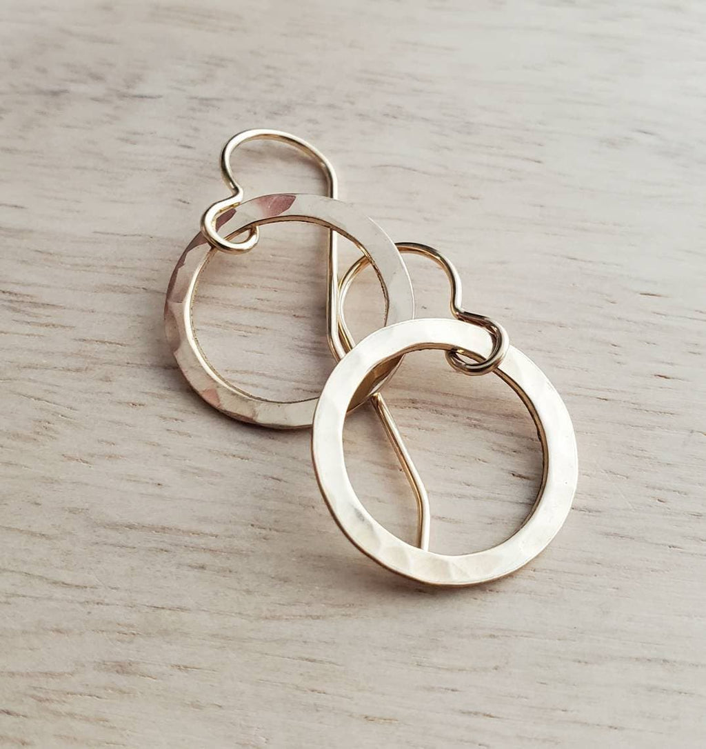 Hammered Gold Hoop Earrings, 14K Gold Filled Washer French Ear Wire, Handcrafted by E. Ria Designs, Gift Boxed, 5/8" (16 mm), Made in USA