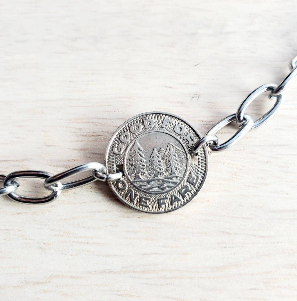 Seattle Bracelet, Vintage Transit Token, Evergreens Mountain Scene, Old Silver Coin, Stainless Steel Cable Chain, Crafted in USA Eriadesigns