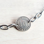 Seattle Bracelet, Vintage Transit Token, Evergreens Mountain Scene, Old Silver Coin, Stainless Steel Cable Chain, Crafted in USA Eriadesigns