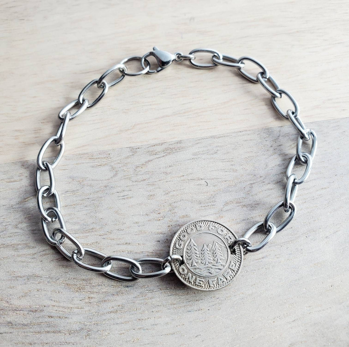 Seattle Bracelet, Vintage Transit Token, Evergreens Mountain Scene, Old Silver Coin, Stainless Steel Cable Chain, Crafted in USA Eriadesigns