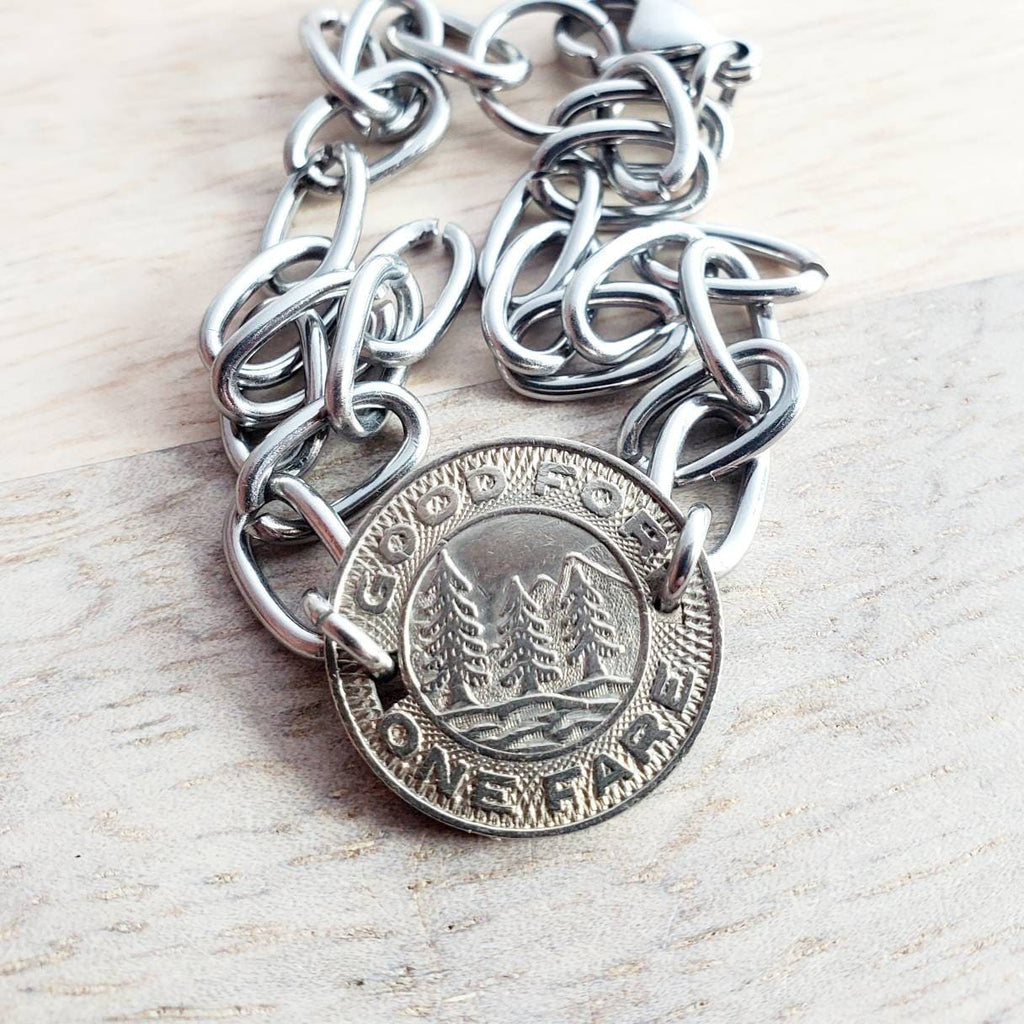 Seattle Bracelet, Vintage Transit Token, Evergreens Mountain Scene, Old Silver Coin, Stainless Steel Cable Chain, Crafted in USA Eriadesigns