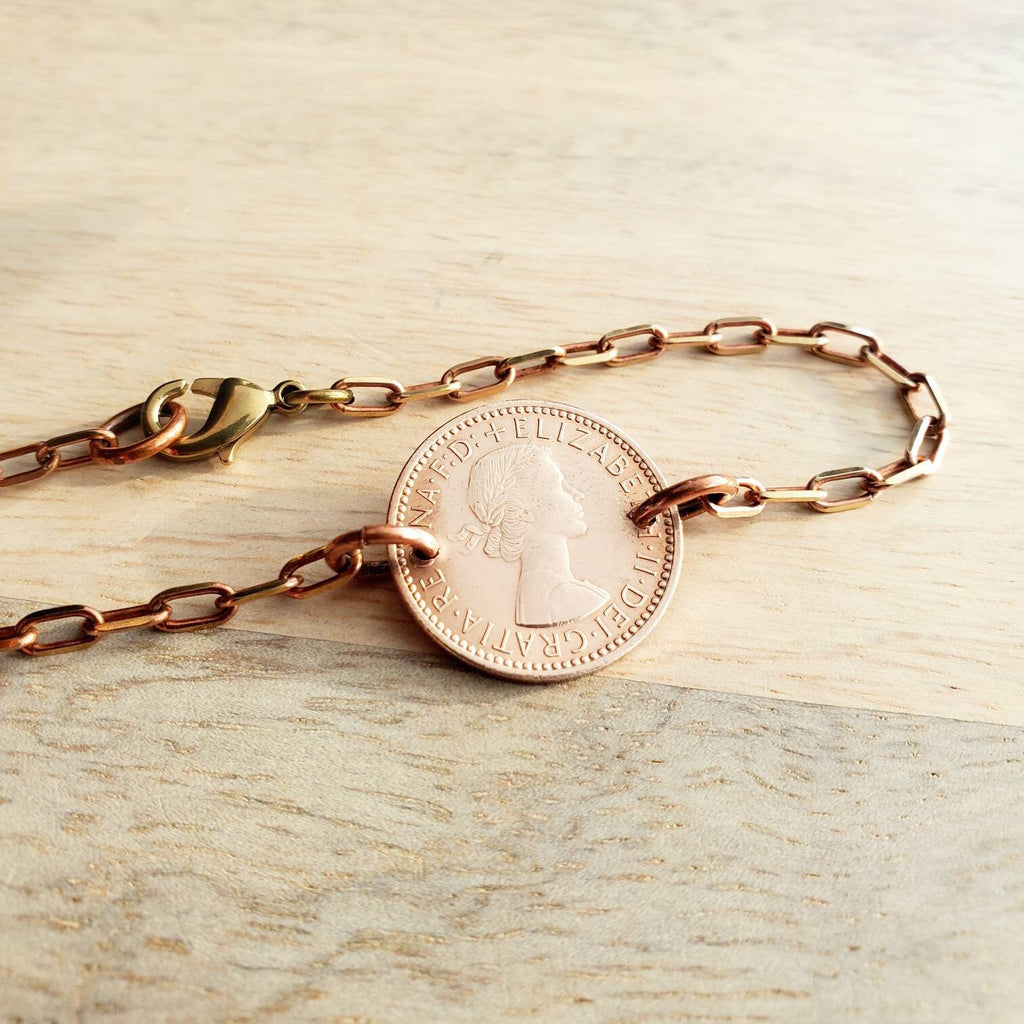 Vintage Bird Coin Bracelet, British Farthing, Mid-Century Date, Brass Cable Chain, Queen Elizabeth II, Birthday Gift Handcrafted Eriadesigns