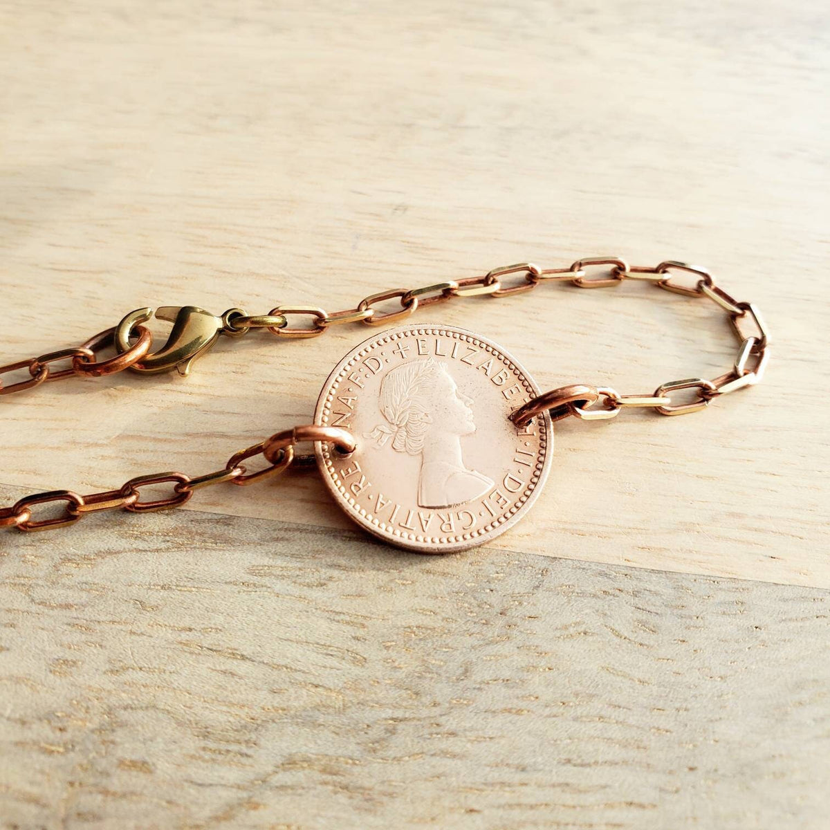 Vintage Bird Coin Bracelet, British Farthing, Mid-Century Date, Brass Cable Chain, Queen Elizabeth II, Birthday Gift Handcrafted Eriadesigns