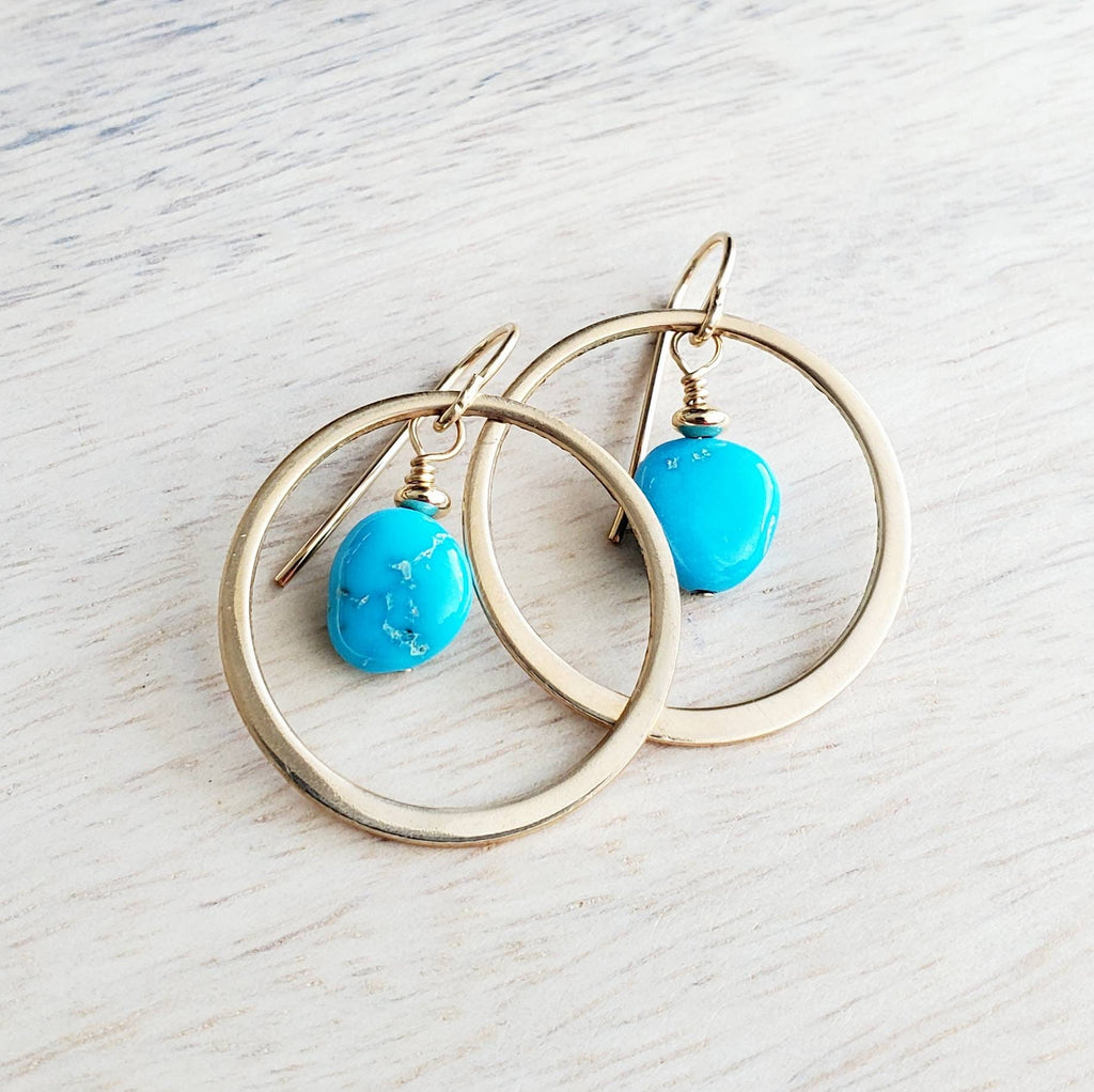 Sleeping Beauty Turquoise Nugget Earrings | 14K Gold Filled Hoops | French Ear Wires | Gold & Turquoise Jewelry | Gift for Girlfriend